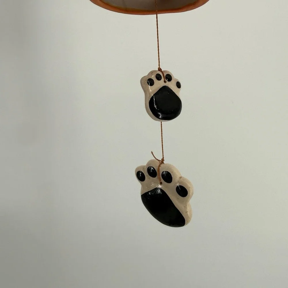 Clay Hand painted Orange Cat Figure & Paws Wind Chime Hanging Decor 2 FT‎